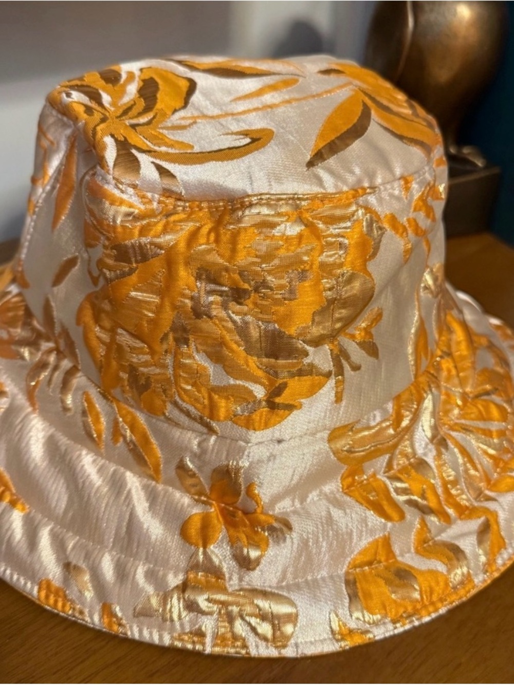 Anthropologie Cream and Mustard Floral Satin Bucket Hat